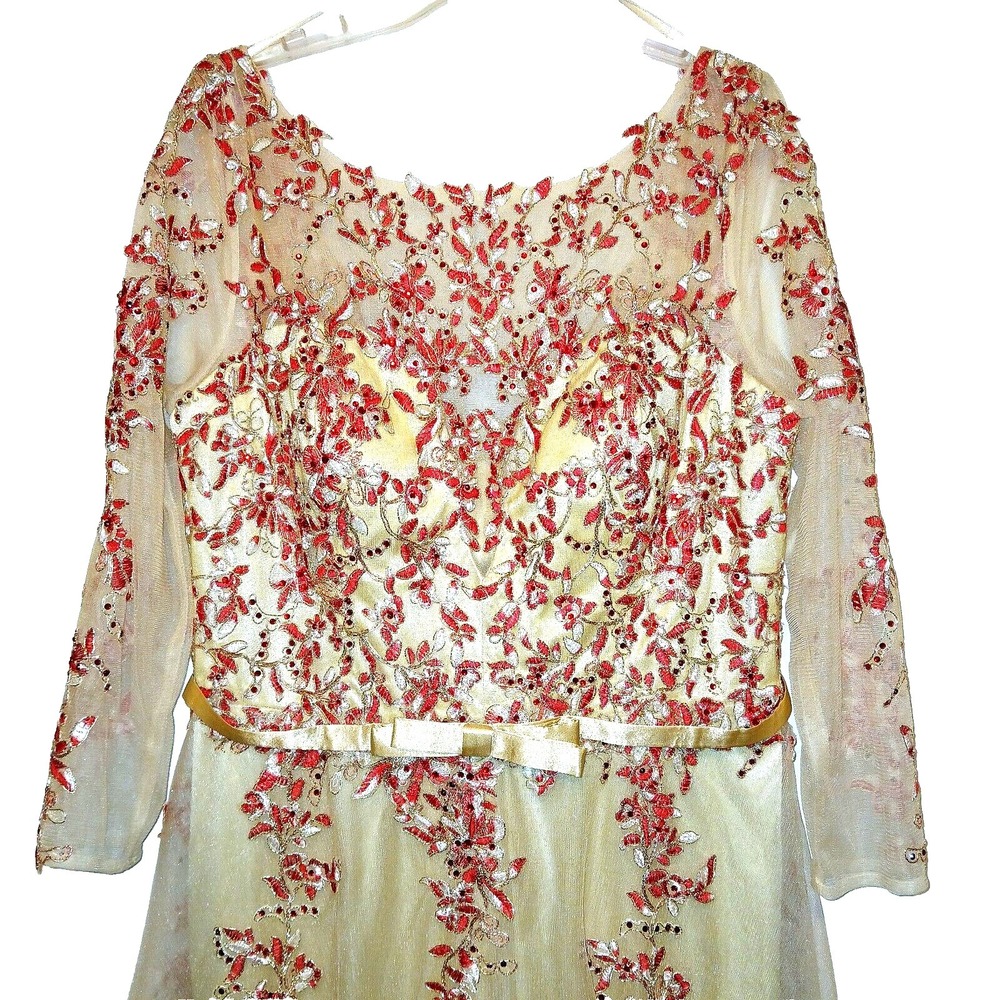 SPECIAL OCCASION Embroidered Red Rhinestone Women Long Dress Gown 18 Sheer Nude - Picture 4 of 14